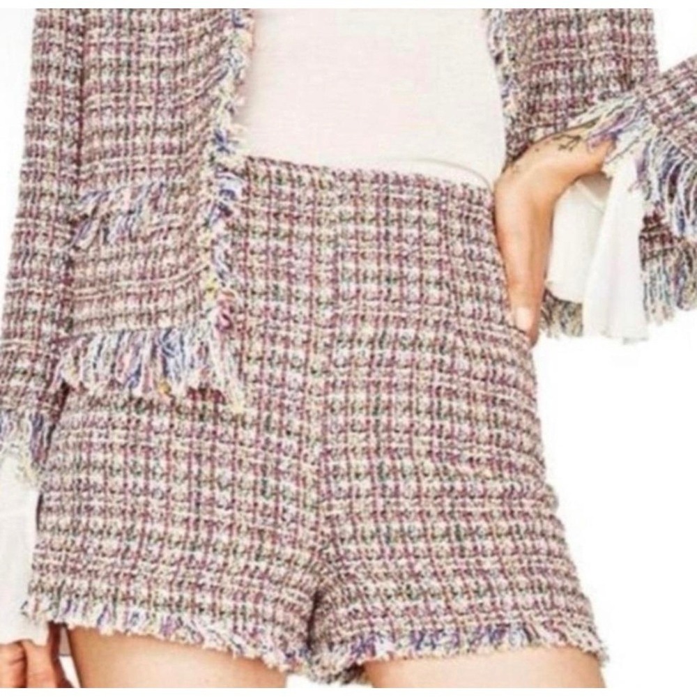 Zara Basic Collection Multi Color Tweed Frayed Hem High Waisted Shorts Small